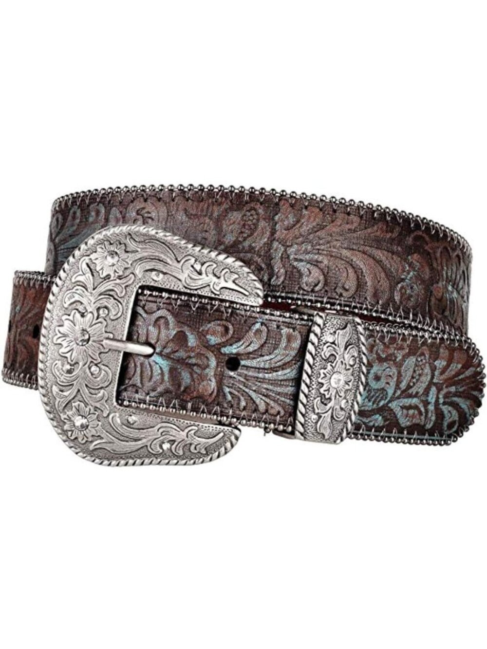Stylish Women's Western Leather Belt 1.5" Wide with Embossed Brown & Turquoise